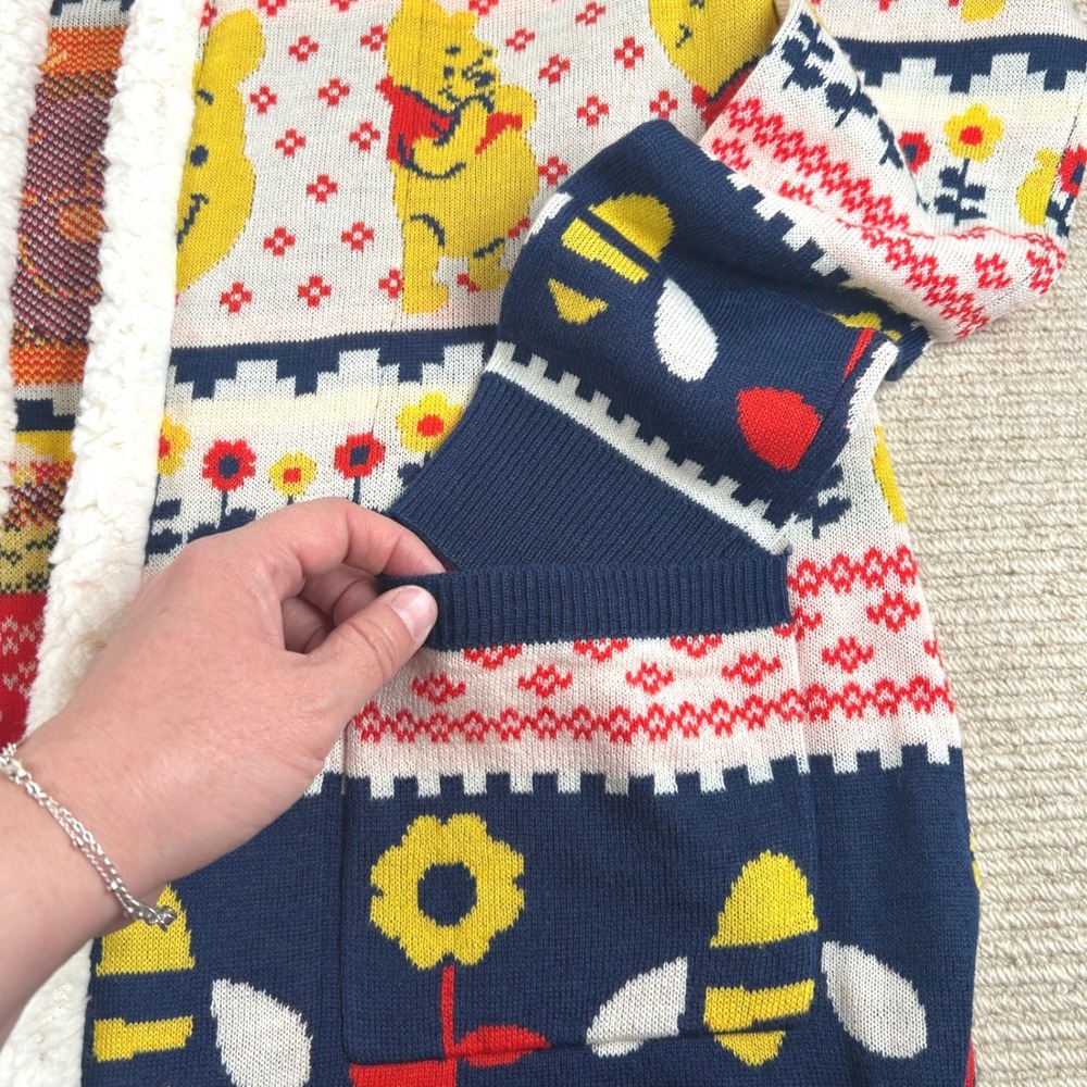 Hot Topic Disney Winnie the Pooh Cardigan Women SM Blue Fair Isle Sherpa Hood - Picture 5 of 15